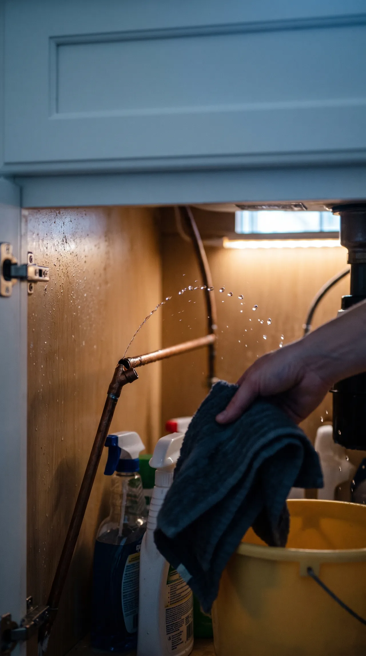 Cracked copper pipe joint spraying water under a kitchen sink cabinet during a plumbing emergency
