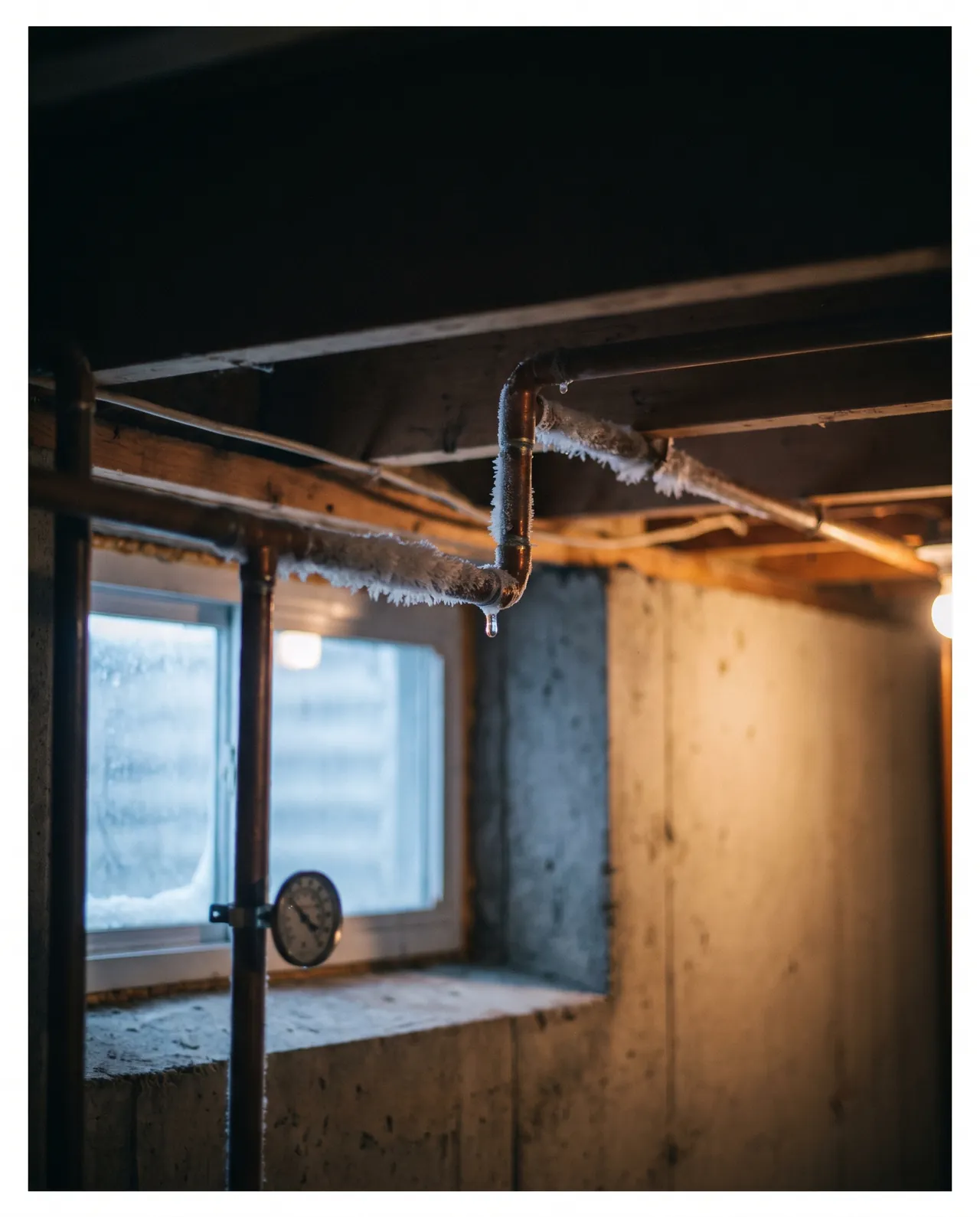 Frost-covered copper pipes along a basement floor joist at risk of bursting during a deep freeze