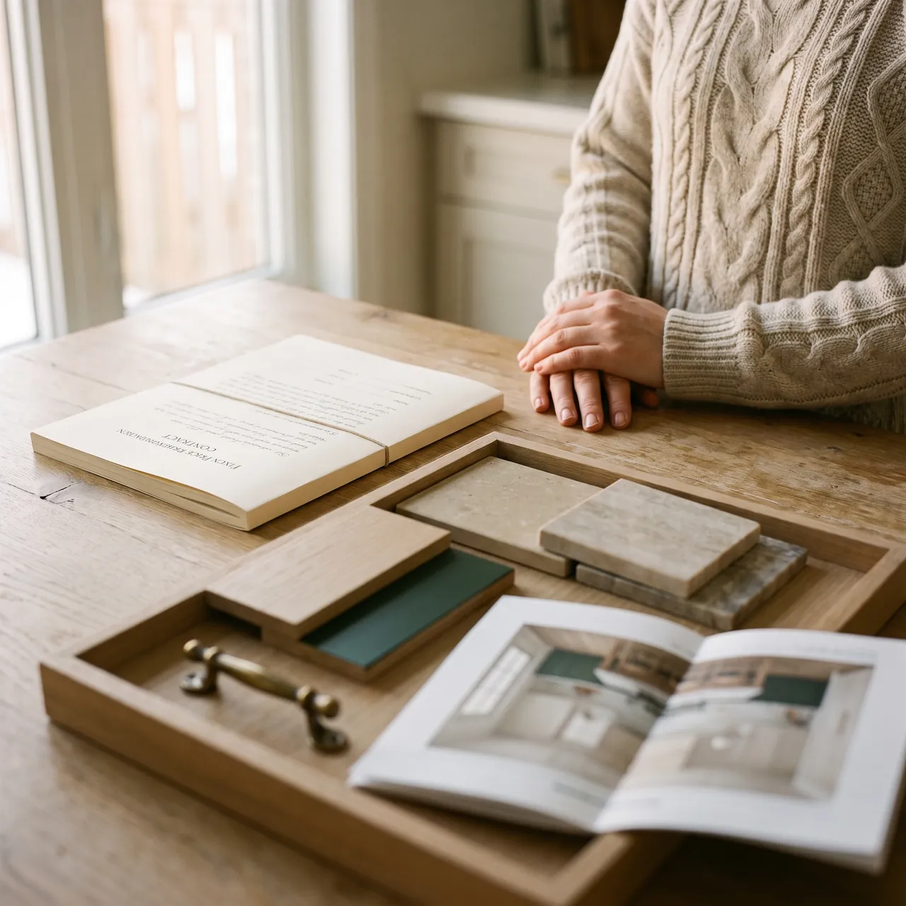 A fixed-price renovation contract and material samples of quartz, white oak and brass laid out on a white-oak worktable