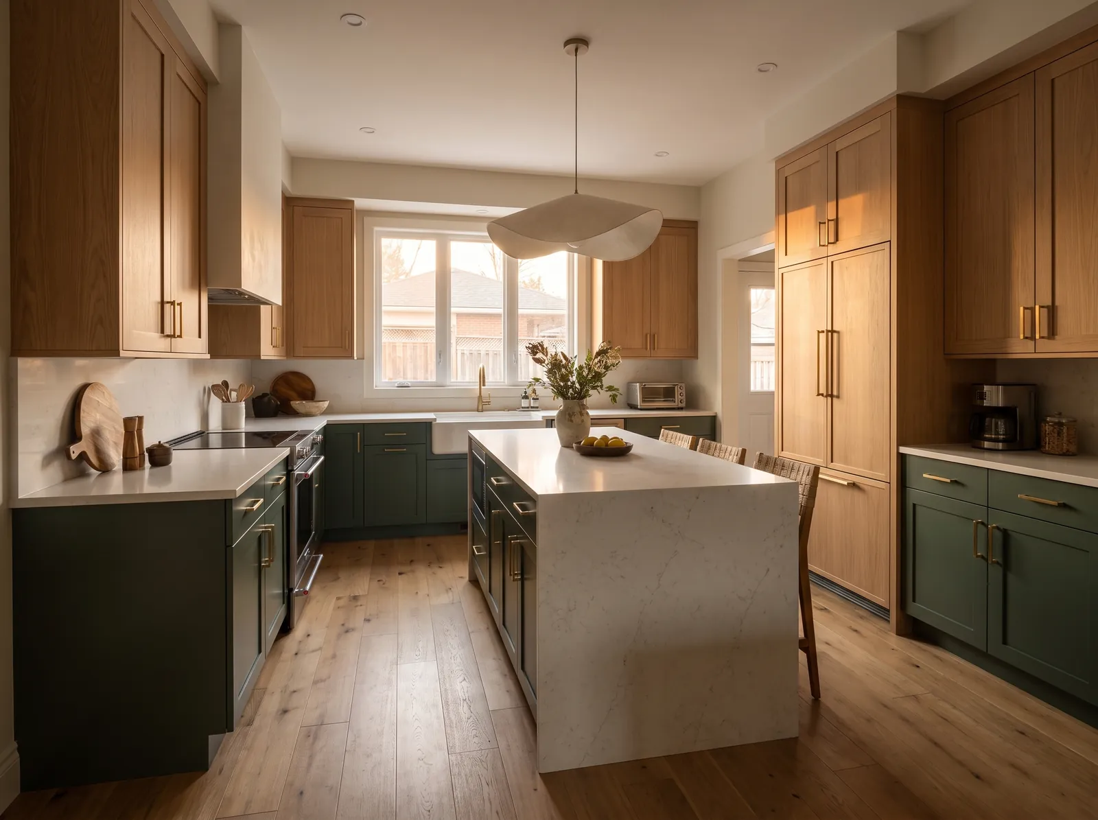 Kitchen after the Alder and Oak renovation: bright open layout with white-oak and deep forest-green cabinetry, quartz waterfall island and brass pendants