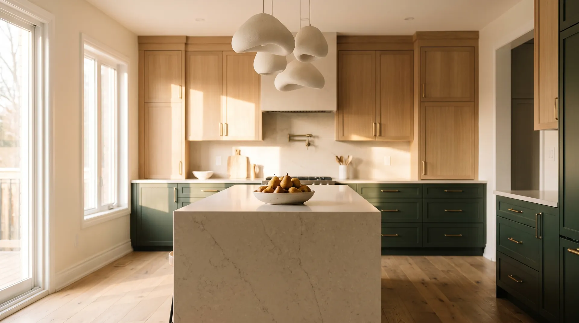 Finished Alder and Oak kitchen glowing at golden hour with brass pendants and a styled island