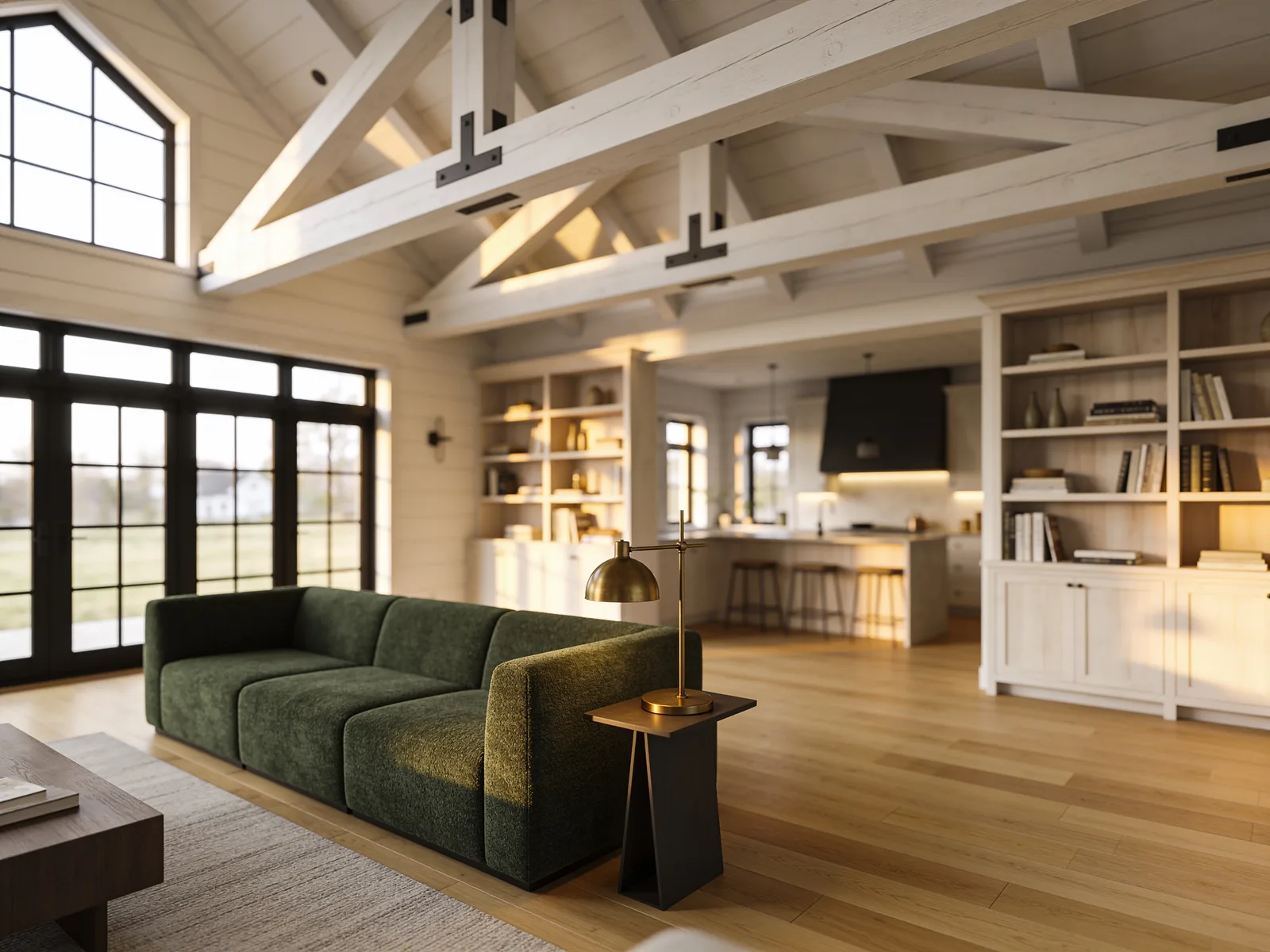 Whole-home great room renovation with white-oak built-ins and forest-green sectional