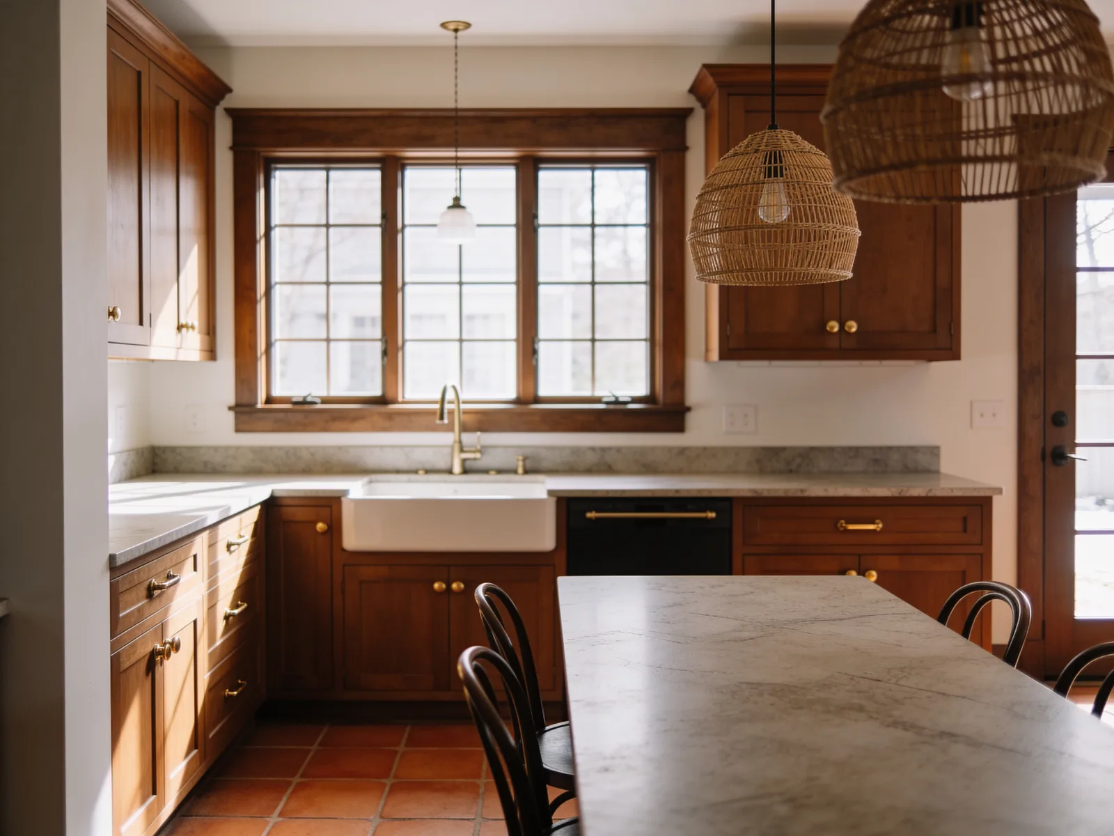 Century-home kitchen renovation with walnut cabinetry and rattan pendant lights