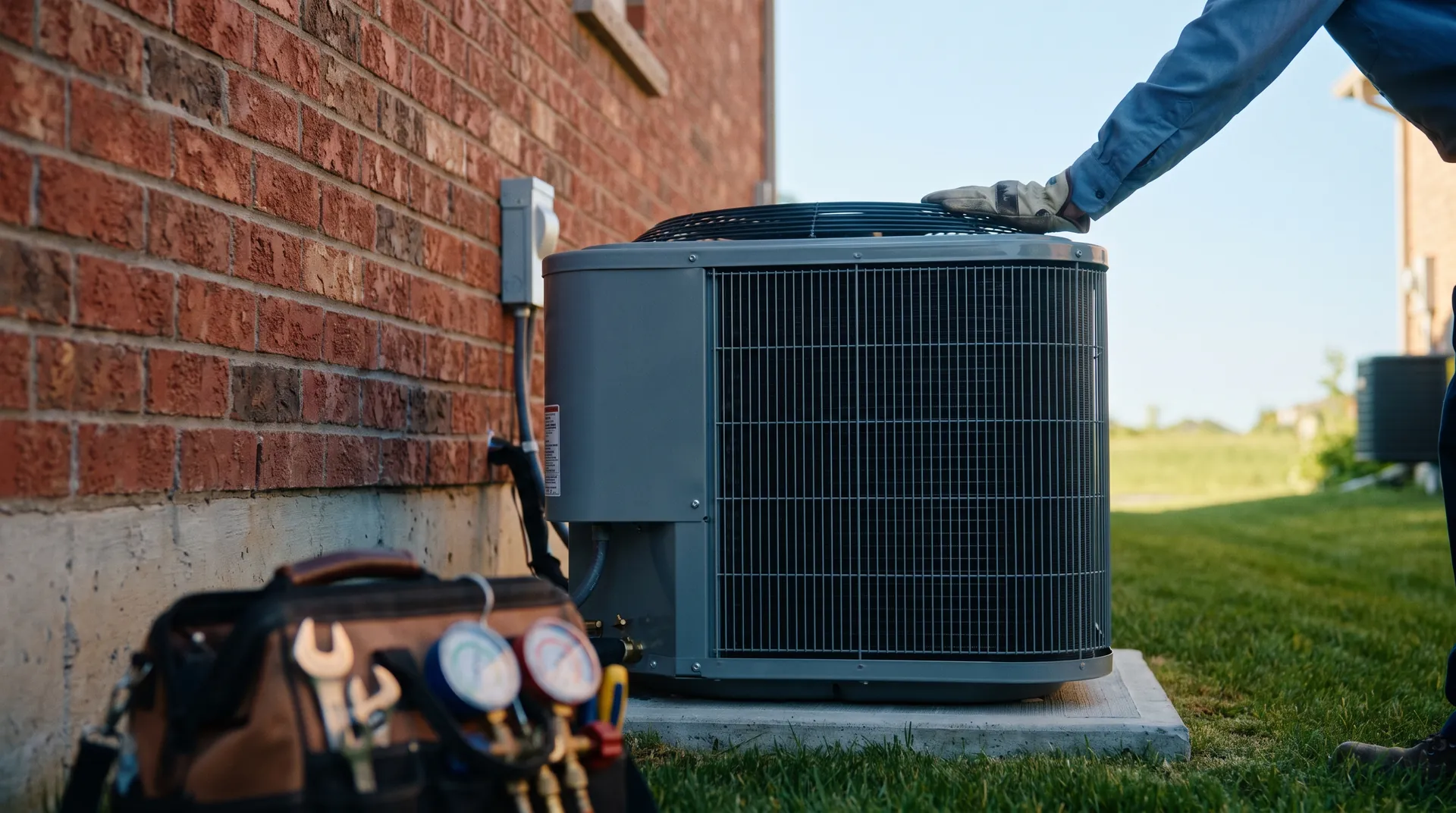 High-efficiency heat pump and air-conditioning unit installed beside a brick Southern Ontario home