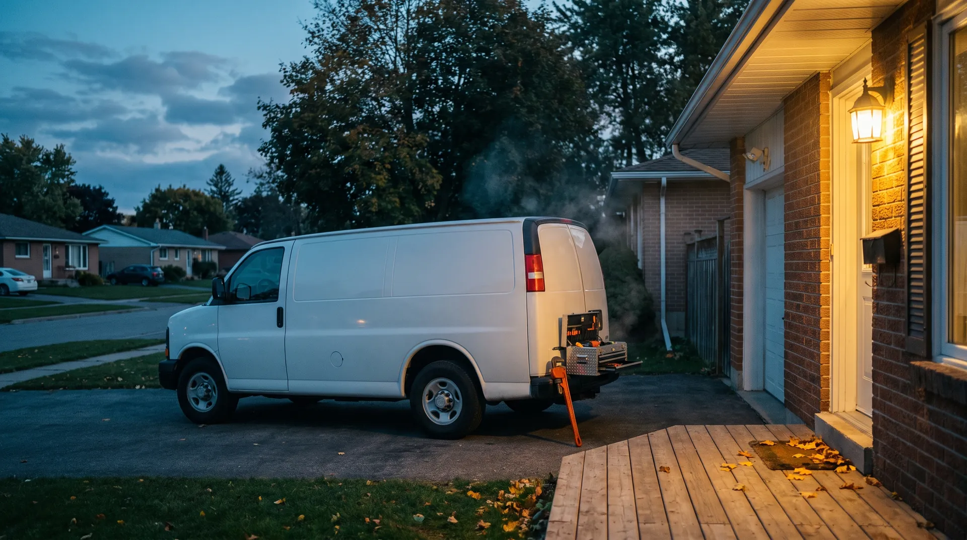 TrueLine Rapid Plumbing service van parked outside a Brantford home at dusk, ready for an emergency call
