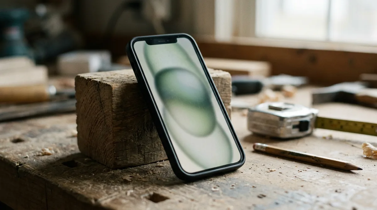 A phone propped against a wooden offcut on a workbench, showing a site preview