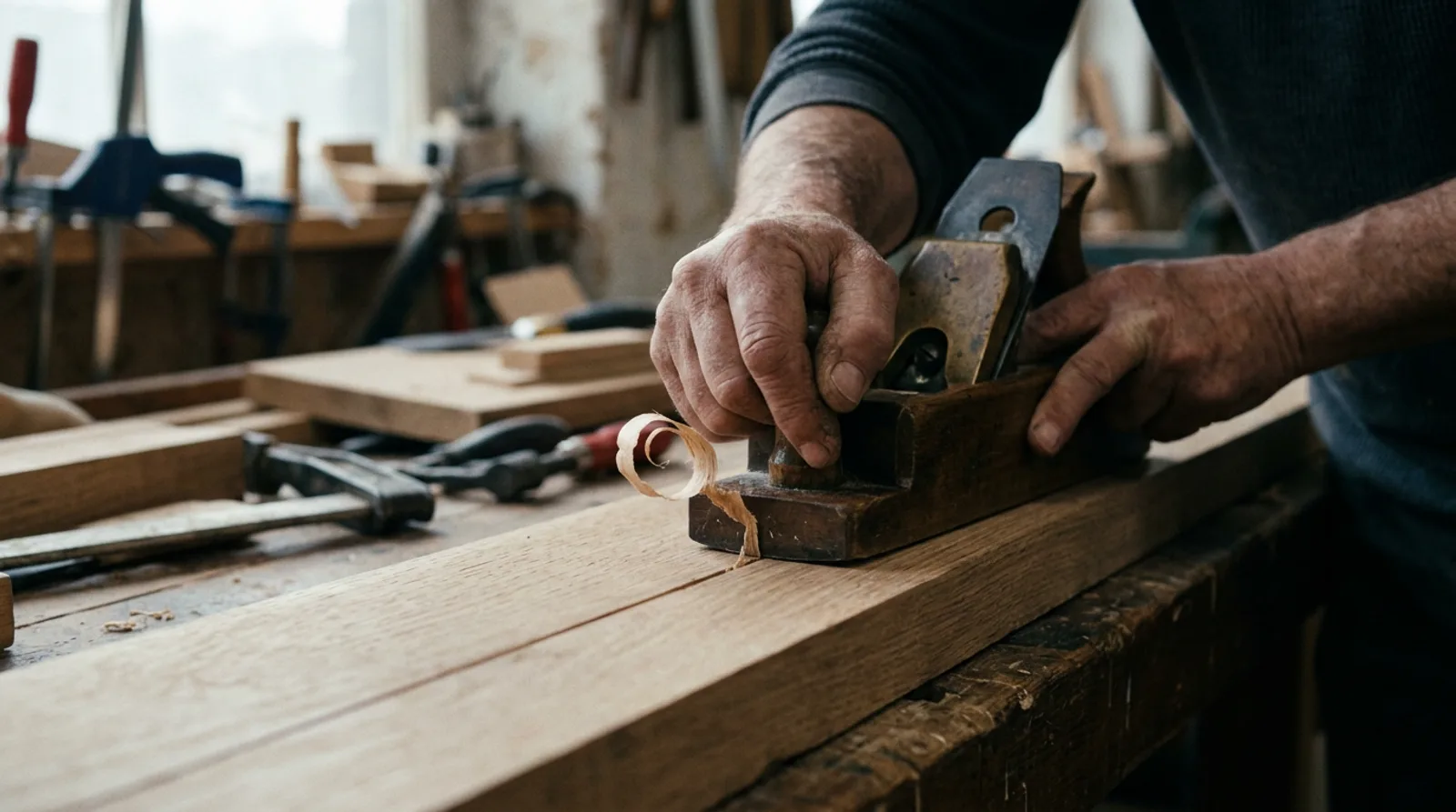 A hand plane guided across a length of oak, shavings curling off the blade