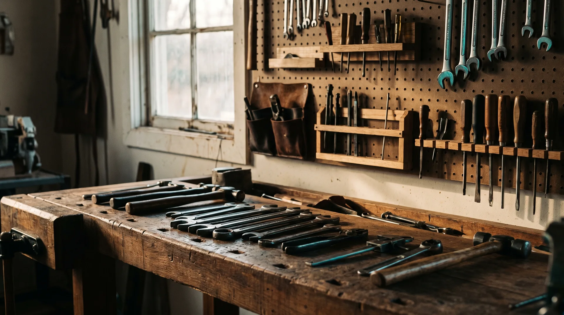 The workshop bench at dawn, hand tools under warm lamplight