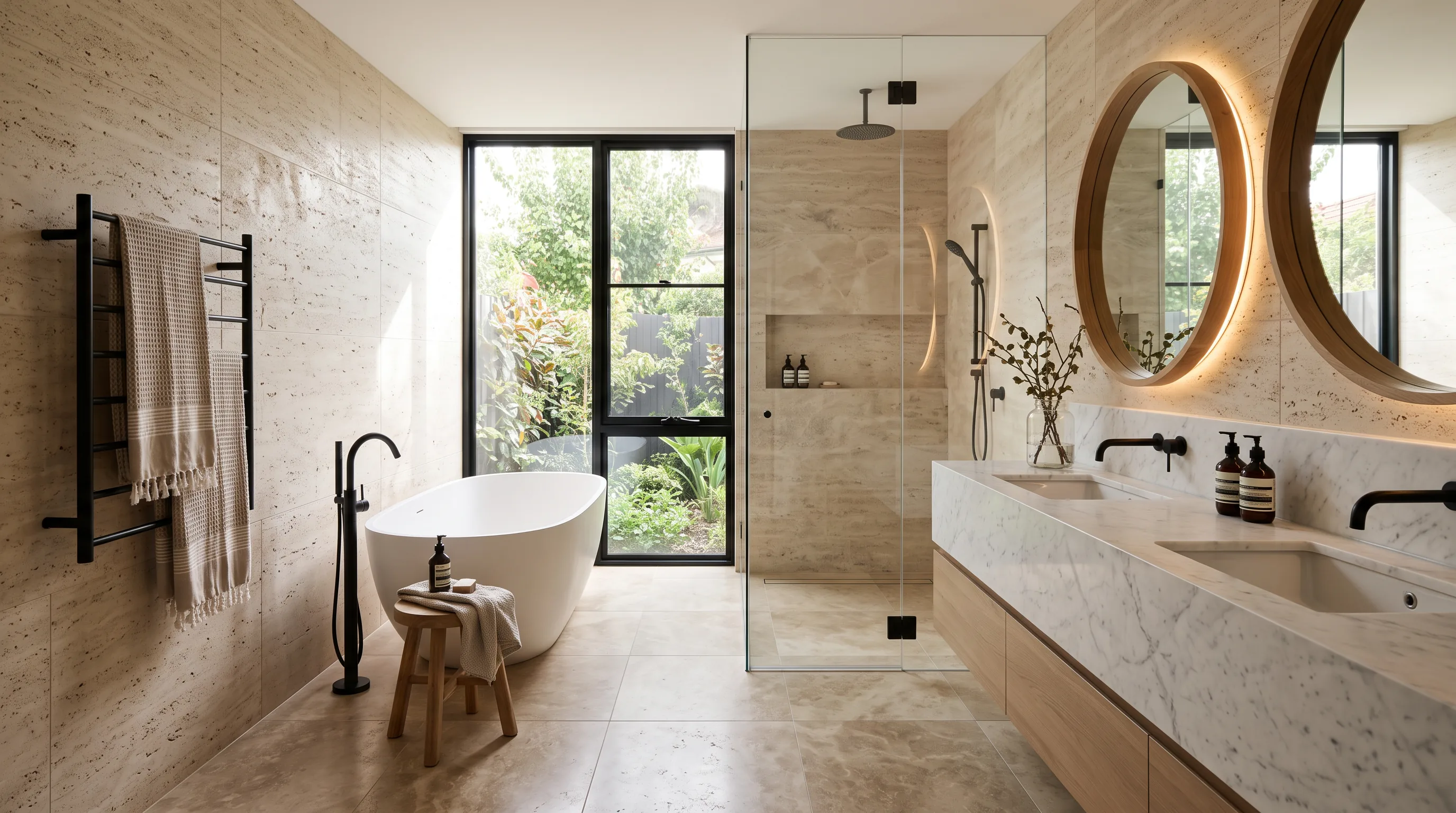 Finished Alder and Oak bathroom renovation glowing at golden hour with a styled, spa-like finish