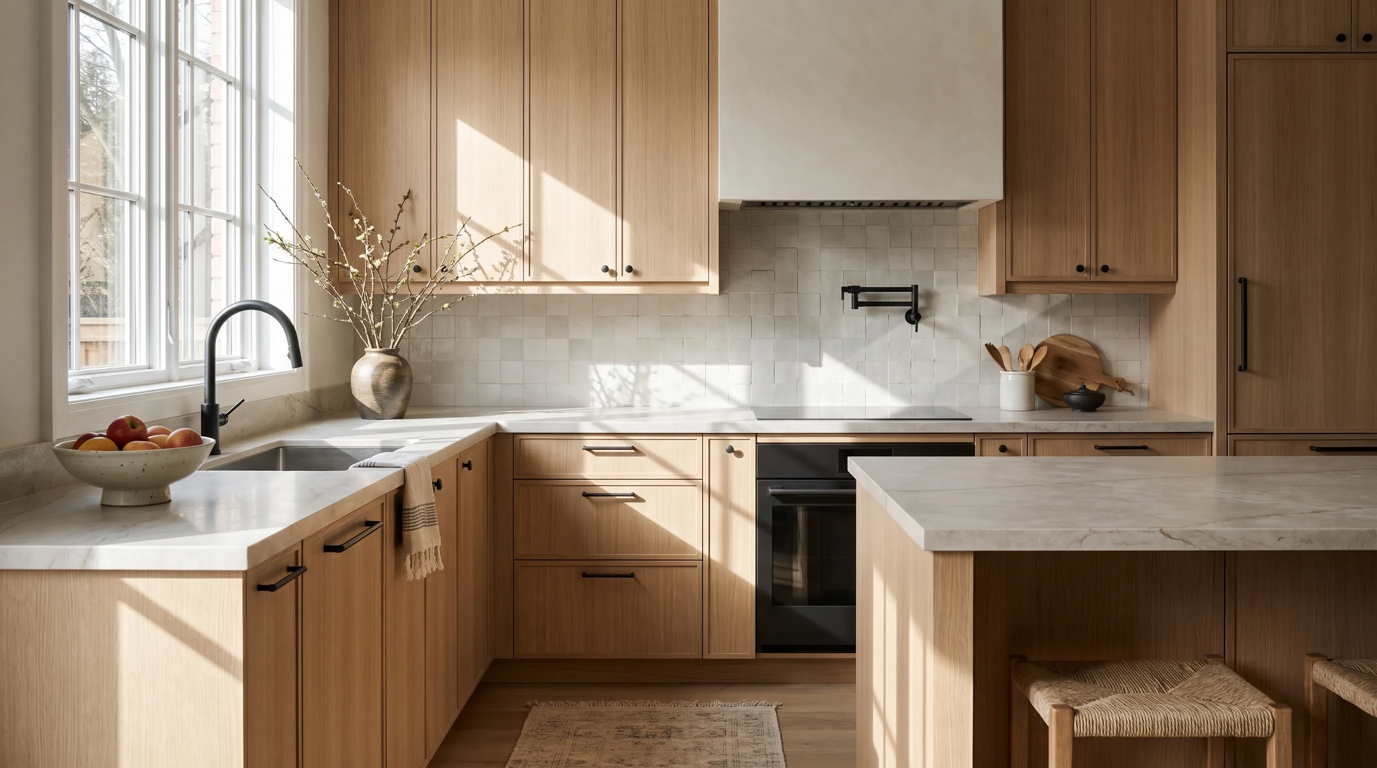 Sunlit modern kitchen renovation with white-oak and deep forest-green two-tone cabinetry, honed-quartz waterfall island and brushed-brass hardware in a Southern Ontario home